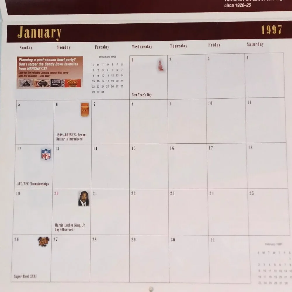 Vintage 1997 Hersheys Chocolate Calendar Days Same as 2025